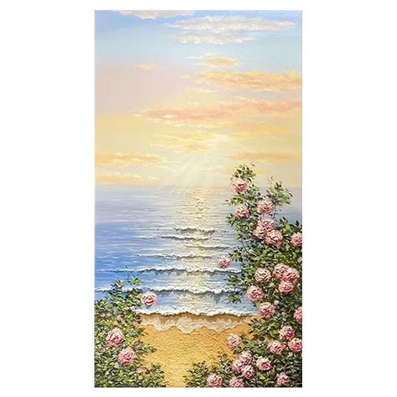 手绘油画日出海景玄关装饰画现代轻奢沙滩花卉风景法式高级入户画