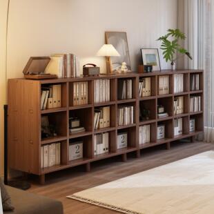 帝义实木矮书柜收纳柜一体靠墙书架置物架客厅家用收纳格子柜盖布