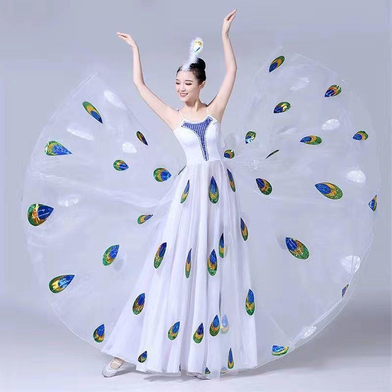 正品新款灵舞出服傣族舞蹈服装之开场女孔雀表演白色雀演舞大摆裙