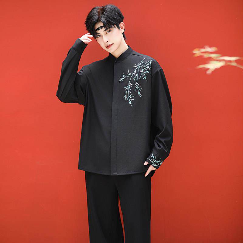 新中式男士民国风黑色衬衫立领刺绣衬衫覆古上衣中学生汉服套装
