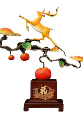 一鹿相伴黄铜摆件驯鹿铜梅花鹿乔迁客厅装饰品办公室桌面全铜摆饰