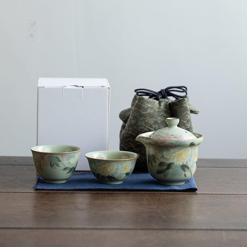 且来秘黄汝窑一壶两杯旅行茶具家用陶瓷便携式户外功夫手抓壶茶杯