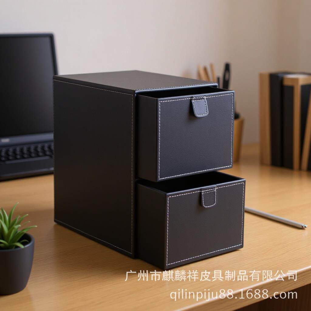 黑色PU收纳盒家居仿皮CD盒桌面两层整理文件归纳箱两层拉手文件柜
