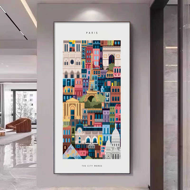 现代彩色城市建筑特色进门玄关装饰画客厅抽象墙面画走廊过道挂画图片