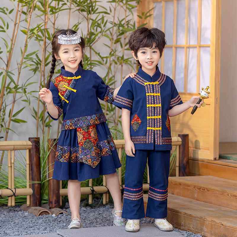 高档风三月三民族服装儿汉服中童国男童古风国学服夏季女广西演童