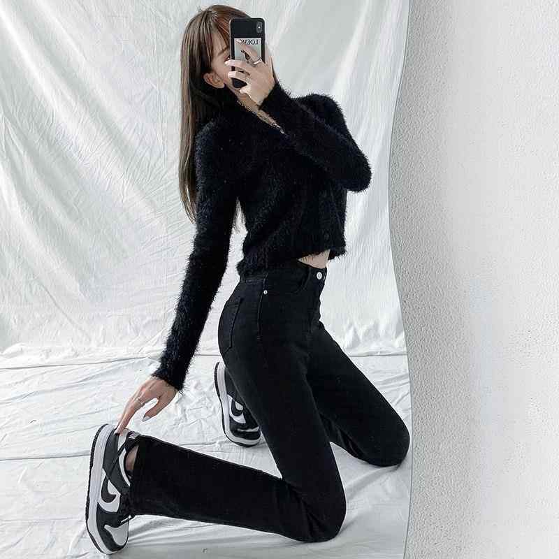 黑色微喇牛仔裤女秋冬新款小个子弹力紧身高腰显瘦显高喇叭马蹄裤