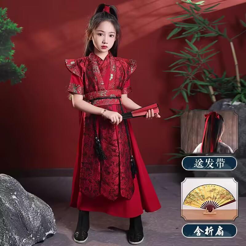 高档女童花木兰汉服春秋古风走古装秀武侠出服红儿童霸气色服演装图片