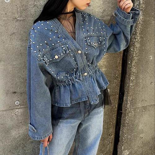 Women's nail bead denim jacket long sleeved top