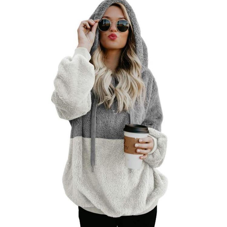Womens splicing sweatshirt rope hooded fleece jacket