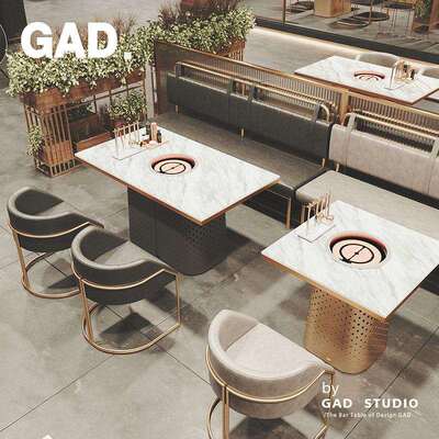 GAD 火锅桌椅组合商用卡座沙发电磁炉一体烤肉桌岩板饭店餐馆