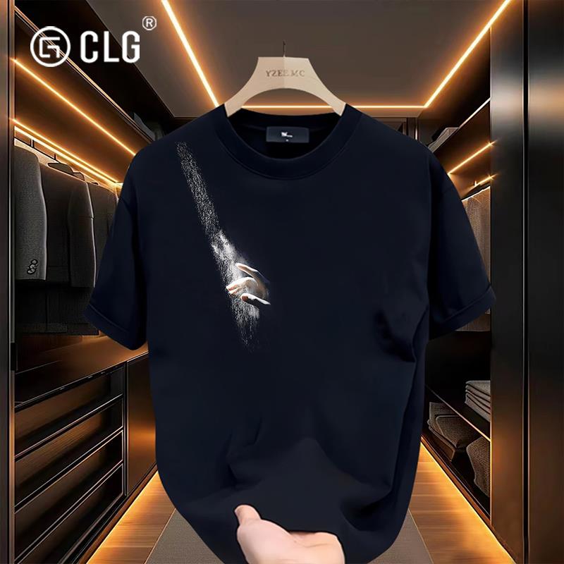 香港CLG潮牌新款男轻奢半袖短袖T恤大尺码宽松圆领时尚网红印花上