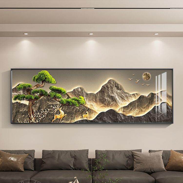背背有山茶室客厅ld灯挂画横靠幅迎客松大厅e墙壁画沙发景2024101