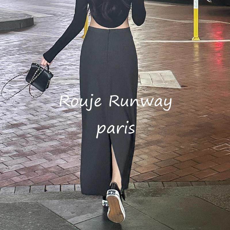 Rouje Runway灰色垂感半身裙女裙子春夏高腰直筒裙后开叉西装长裙