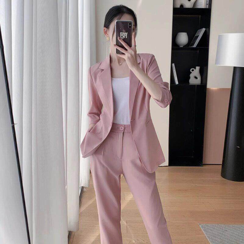 西装外套女夏季薄款2025新款宽松高腰西装直筒休闲裤西服两件式套