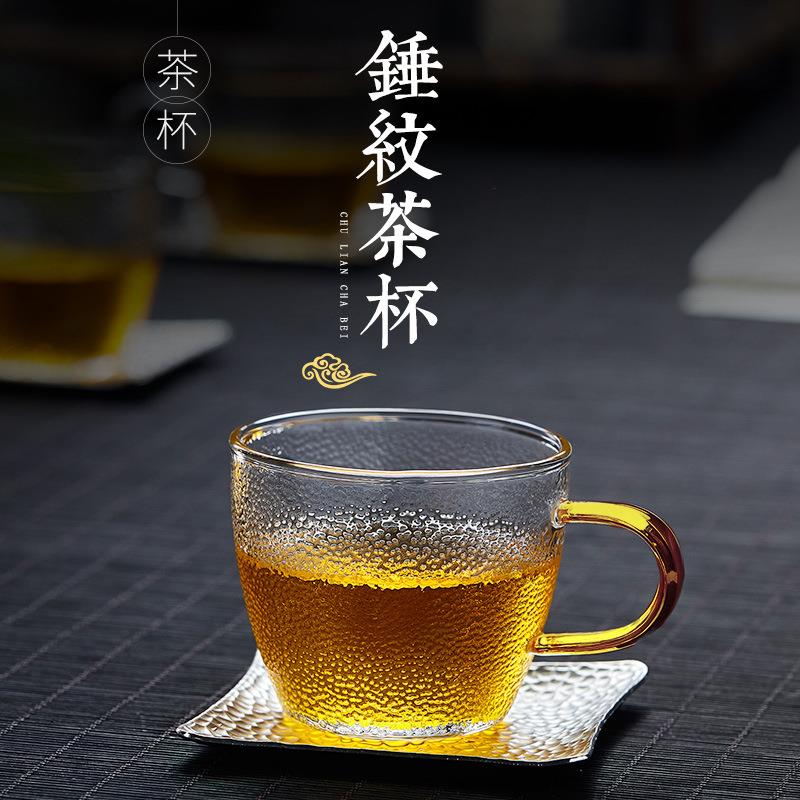 带把手锤纹玻璃小茶杯 高硼硅玻璃小把杯 家用待客品茗杯水杯
