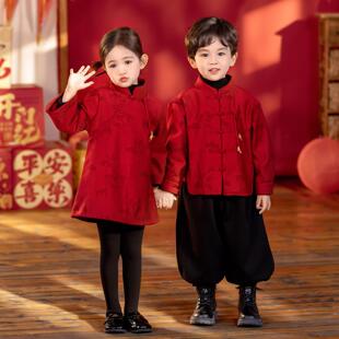 新中式女童改良保暖旗袍裙冬款红色喜庆加厚兄妹装拜年服两件套装