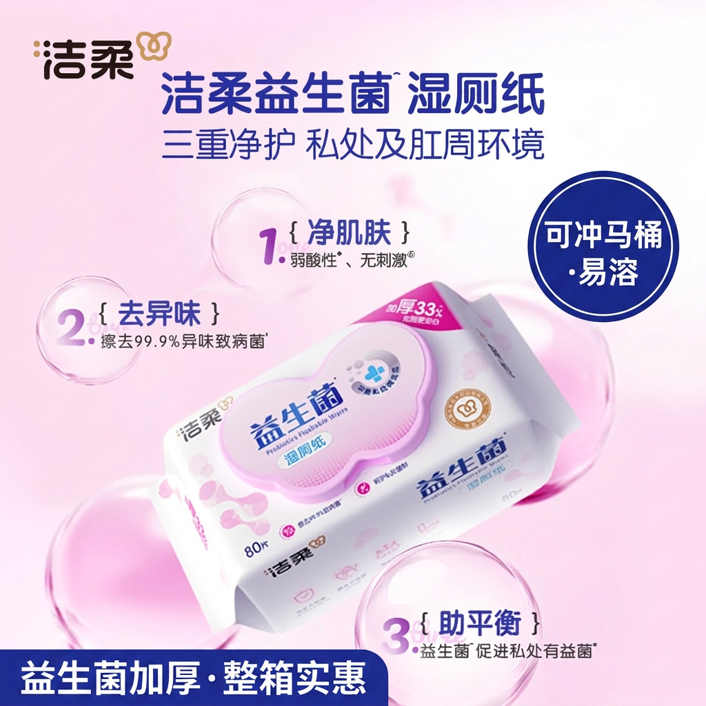 洁柔湿厕纸益生菌加厚可冲马桶整箱家用实惠装清洁易溶厕所湿纸巾