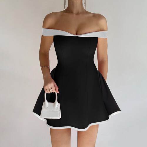 Womens Colorblock Off Shoulder Backless A Line Dress