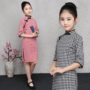 女童中袖旗袍2024夏格子短款儿童唐装中国风童装连衣裙宝宝民国装