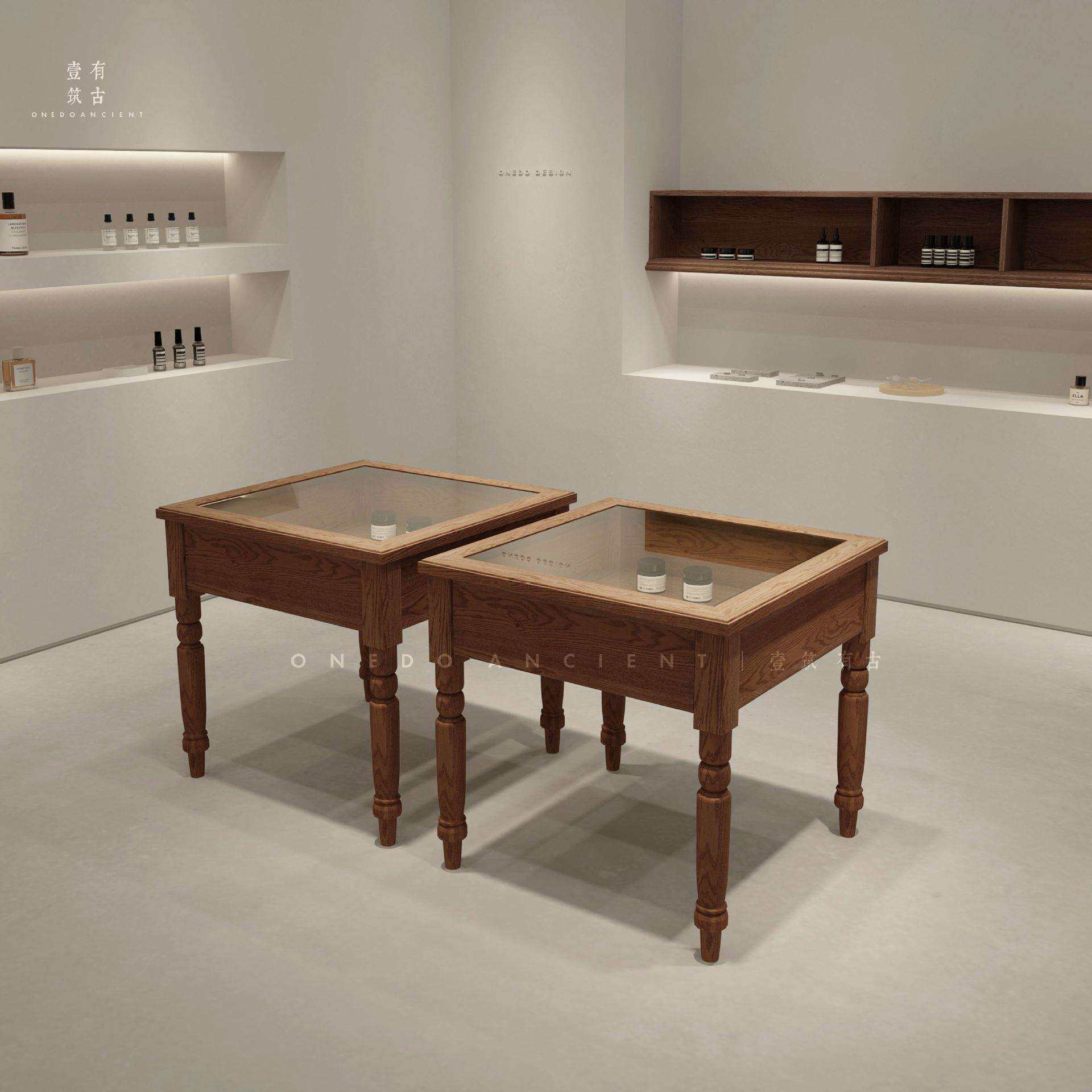 木纹质感展示柜四脚柜中岛柜服装饰品珠宝店铺展柜双面抽屉玻璃柜