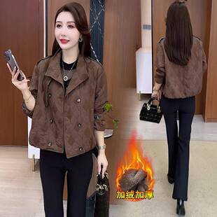 香港代购加绒加厚菱形格棉服女冬季新款休闲显瘦加棉保暖棉衣外套