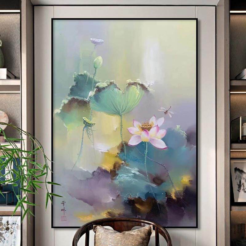 纯手绘油画荷花新中式现代客厅玄关花卉装饰画走廊莲花大芬村挂画