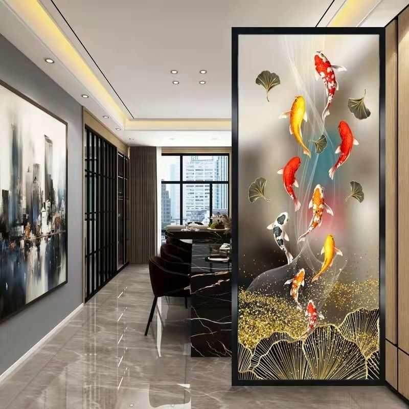 艺术玻璃屏风隔断轻奢客厅入户玄关洗漱台铁艺现代雕花装饰不锈钢