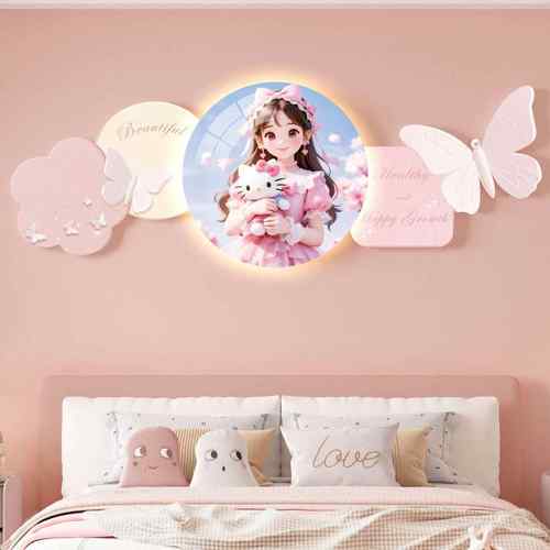 奶油风女孩房间卧室装饰画卡通灯画儿童房壁画蝴蝶床头带灯挂画