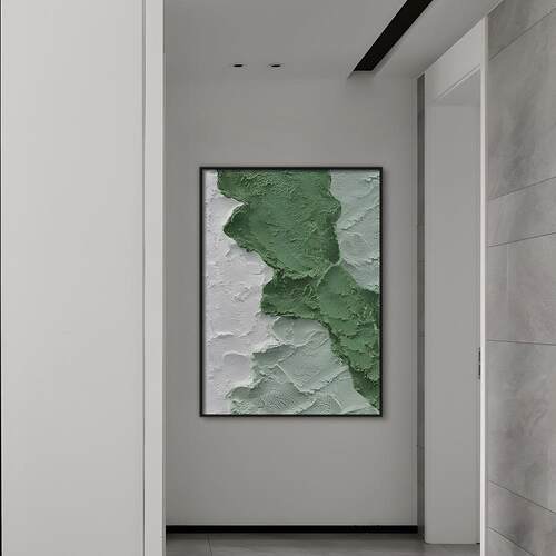 绿色心情手绘油画玄关画石英砂厚肌理油画立体暖色系海浪装饰画