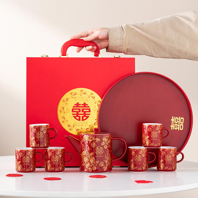 结婚茶具套装陶瓷带茶盘送新人红色茶壶茶杯一整套喜庆实用新中式