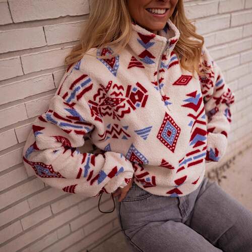 Women's Half Zip Sherpa Jacket with Ethnic Aztec Patterns