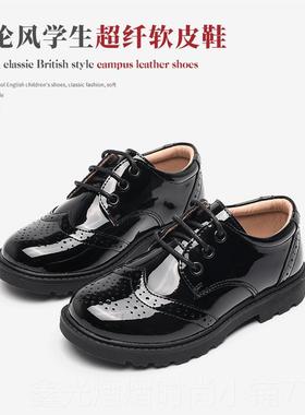 正品演中男童春皮鞋黑色软底儿童表鞋2024秋男孩演出鞋大童黄金切