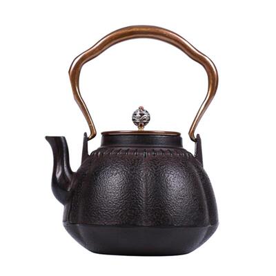 日本式老铸铁壶南部铜盖铜把铸铁壶 老生铁壶煮茶壶1.1L六福锈色
