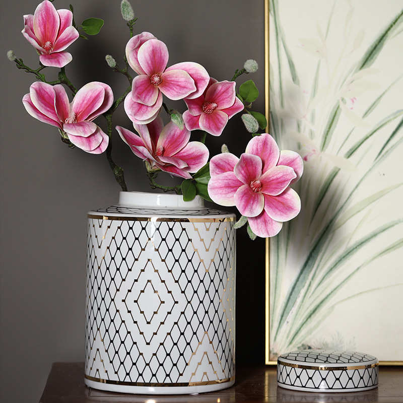 青花瓷花瓶摆件客厅插花中式国风陶瓷花瓶菱形花纹复古玄关瓷器