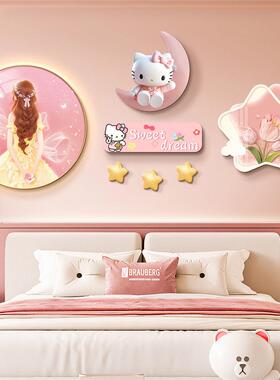 Led灯画女孩卧室床头挂画公主房间布局粉红色背景墙壁画儿童房间