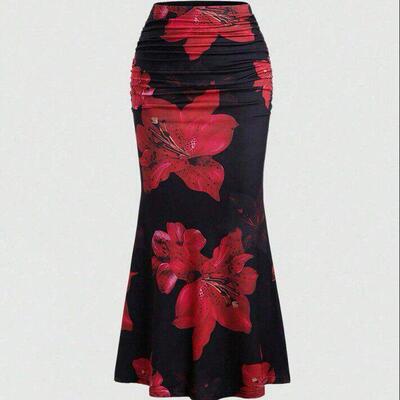 Elegant Light Floral Print Skirt , Fitted , Soft and Comfort