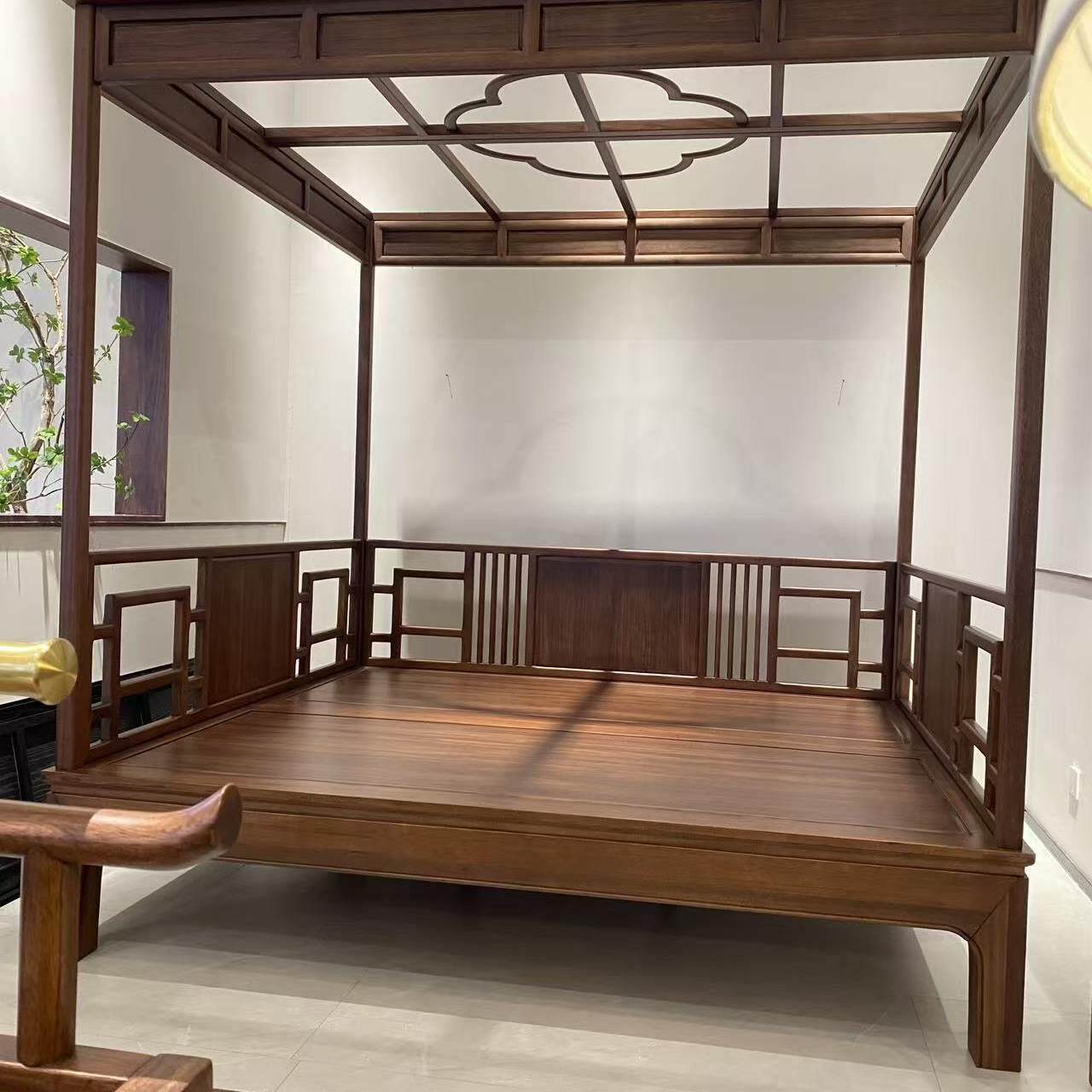 新中式架子床宋式美学乌金木四柱床1米8双人床中古明清仿古拔步床