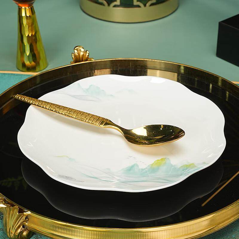 骨瓷盘盘8寸凉菜盘子家用精盘致花边陶瓷碟子釉彩UXE菜深轻奢下中