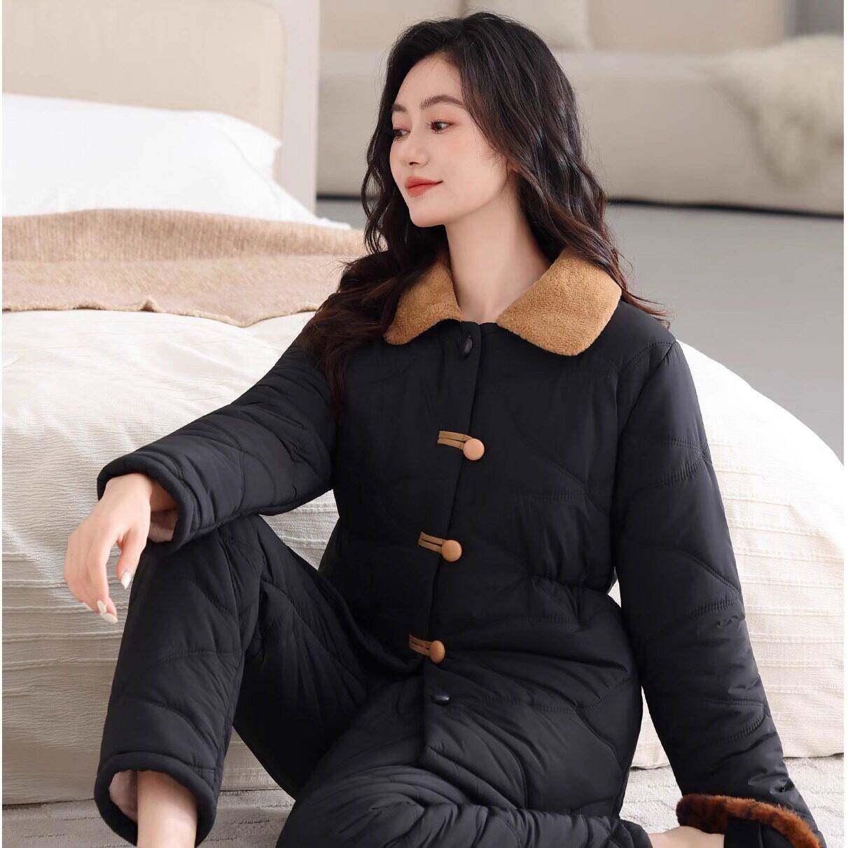 高档轻奢睡衣女冬季珊瑚绒三层加厚加绒夹棉袄保暖羽绒棉服家居服