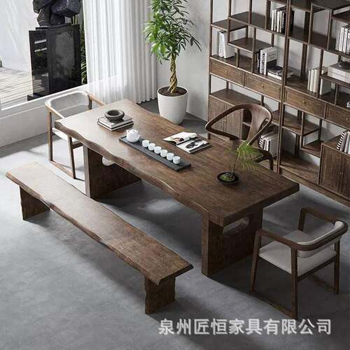 实木板茶台办公室茶酒店新中FNR式泡桌全套简约家用阳台大原木茶