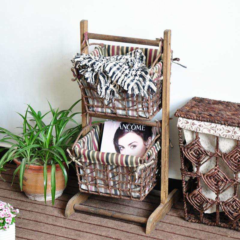 田园风格实木收纳架吊篮置物架杂志书报架布艺收纳花篮花架户外