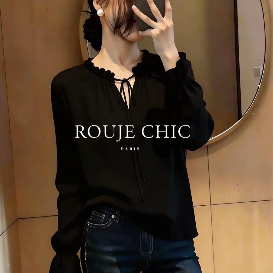 法国rouje chic春季轻奢系带黑色长袖衬衫女法式气质百搭减龄上衣