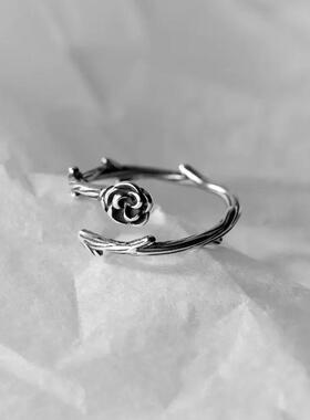 男士戒指男生气质荆棘玫瑰花女式戒指复古风做旧泰开口花朵手指环