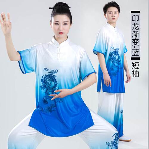 高档练牛奶丝太极服四季变高端女新款渐印太花武术表演服装极拳功