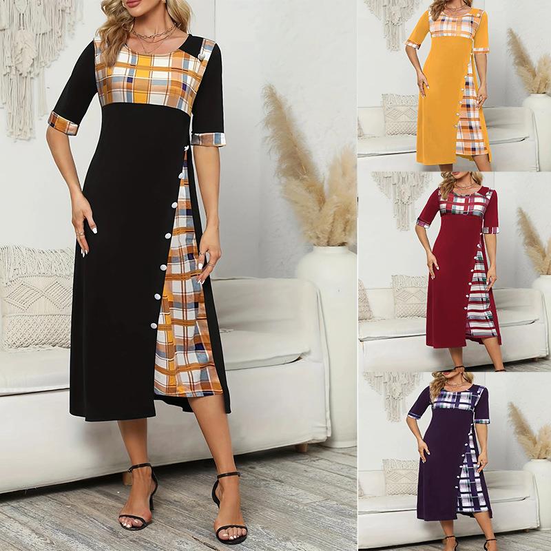 Womens long dress round neck contrast color mid-length