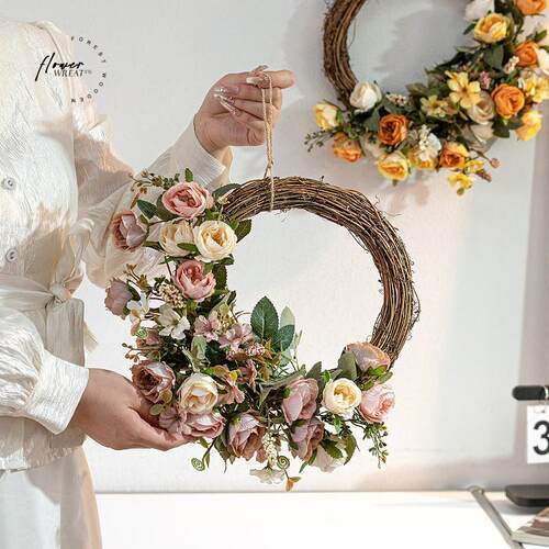 韩式彷生花手工编织花环彷真花假花墙面装饰橱窗DIY门挂饰绢花