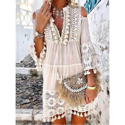 Lace fringe patchwork dress 波西米亚风蕾丝流苏拼接V领连衣裙