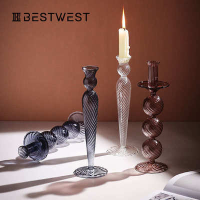 博西家居 创意欧式透明转棱玻璃烛台 ins风家居装饰品工艺品摆件