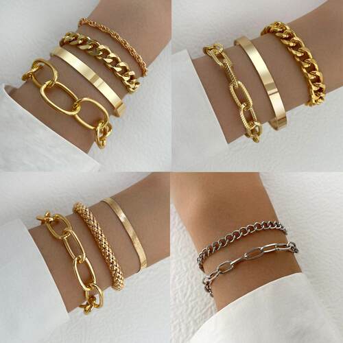 Metal bracelet set金属手镯套装粗炼条手錬光面多层开 口手镯