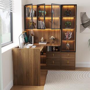 轻奢电脑桌实木转角书桌书架组合家用现代台式学习桌书柜一体
